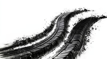 Obraz premium Black car tire tracks, rubber wheel print on road or dirt. Grunge winding trace from vehicle tires isolated on white background. Vector graphic set of tread marks in top and perspective view