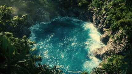 Obraz premium Serene Tropical Oasis Surrounded by Lush Greenery and Rocks