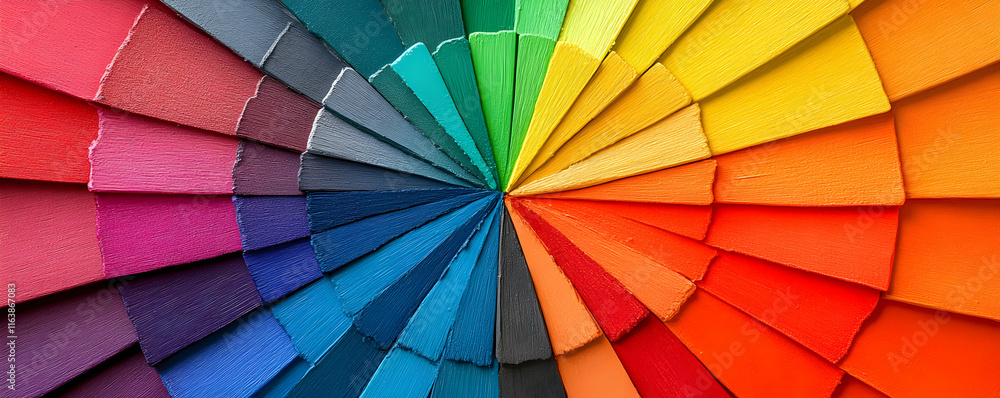 Poster vibrant color spectrum, a radiating array of hues in paint samples, showing diverse shades and tones