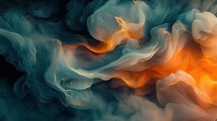 Fototapeta premium Abstract swirling teal, orange, and gold smoke or ink.