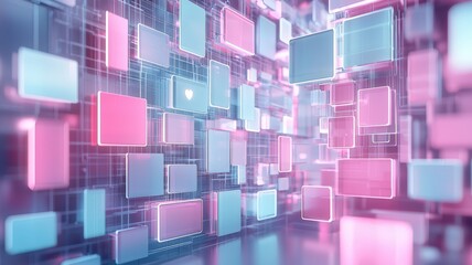 Obraz premium A vibrant, abstract digital landscape of glowing squares in pink and blue hues, creating a futuristic tech atmosphere.