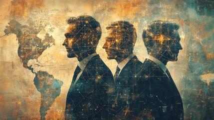 Illustration of three professionals standing in profile against a world map symbolizing unity and global interconnections in teamwork