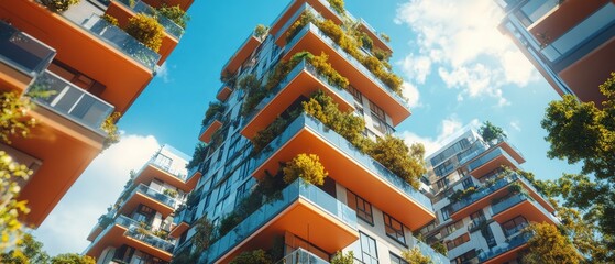 Obraz premium A modern apartment complex featuring greenery, bright colors, and a clear blue sky, showcasing a blend of architecture and nature.