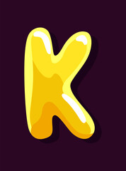 Jelly colorful letter K. Soft glossy multicolored candy font. Isolated bright delicious sweet alphabet, lollipop or marmalade ABC. Vector illustration
