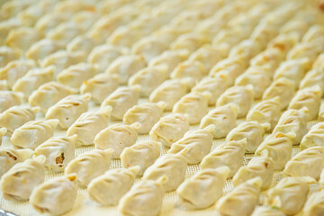 Hand-made dumplings in a steamer