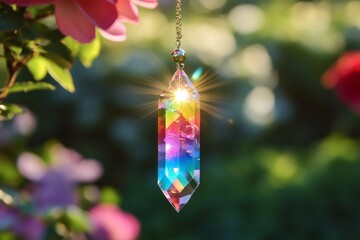 Fototapeta premium Rainbow crystal prism hanging in garden reflecting sunlight