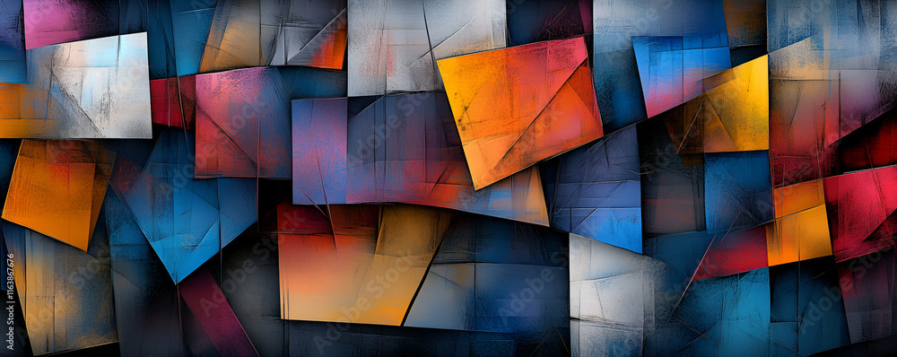 Poster abstract geometric painting, vibrant hues intersect dynamically in bold composition, creating a text
