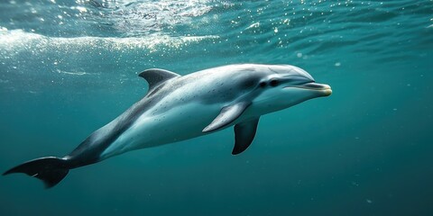 A close-up of Hectorâ€™s dolphin swimming in the wild, its distinctive dorsal fin visible.
