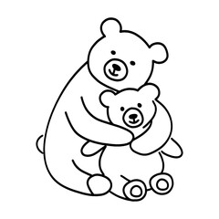 小さなテディベアを愛おしそうに抱きしめている大きなテディベアの線画イラスト　透過背景の切り抜き