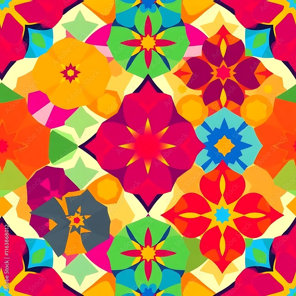 Poster Vibrant Geometric Pattern: A captivating seamless pattern bursting with color and intricate geometric shapes. This vibrant design features a kaleidoscope of bold hues.