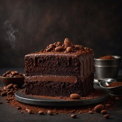 A square chocolate cake dusted with cocoa powder, surrounded by cocoa beans, with an industrial-chic background of a chocolate factory.