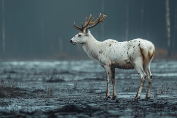 A lone animal, thin and weary, trudging through a frozen, ash-laden wasteland,