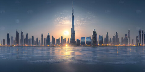 Obraz premium Sunset Cityscape, Skyscrapers Reflecting in Calm Waters, Illuminating the Evening Horizon with Golden Hues.