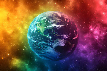 Obraz premium Earth in Vibrant Cosmic Nebula, A Celestial View of Our Planet, Showing its Beauty and Fragility Amidst Stars and Colorful Clouds. Exploring the Universe and Wonder