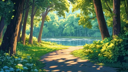Fototapeta premium Summer forest landscape with lake on glade, trees and path. Vector cartoon illustration of nature panorama with pond, green grass and bushes on shore, stones and sunlight rays