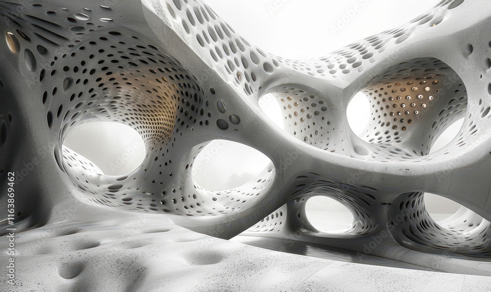 Poster futuristic parametric architecture with organic shapes and perforations in abstract setting