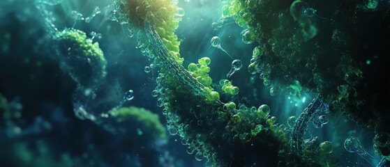 Fototapeta premium Microscopic view of vibrant green cells, bubbles, and strands in a dark blue fluid.