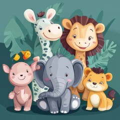 Obraz premium Adorable Baby Animals Grouped Together In Jungle Setting
