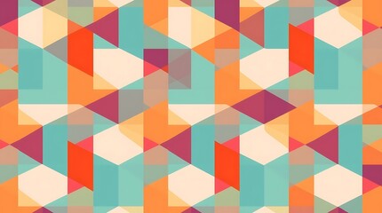 Obraz premium Abstract Geometric Pattern: A captivating seamless pattern featuring an array of vibrant geometric shapes. Bold colors and overlapping forms create a dynamic and visually engaging design. 
