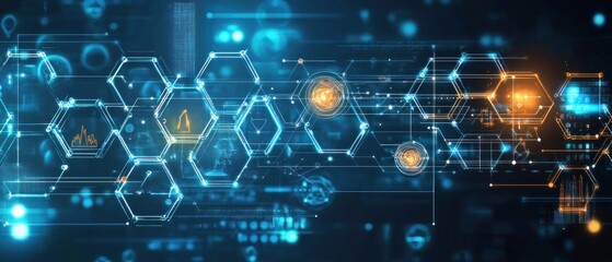 Obraz premium Abstract digital network technology background with glowing hexagons and data.
