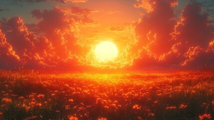 Fototapeta premium Vibrant Sunset Casts a Golden Glow Over a Field of Blooming Flowers, Illuminating a Tranquil Evening Landscape With Rich Colors and Dramatic Clouds