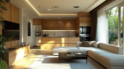Fototapeta premium This inviting kitchen-living room features sleek lines natural light and a harmonious blend of wood and modern furnishings in a new building