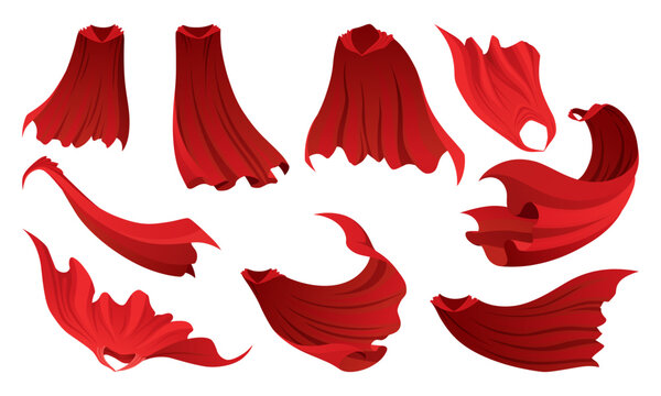Superhero red cape in different positions, front and side view. Scarlet fabric silk cloak. Mantle costume or cover cartoon vector set