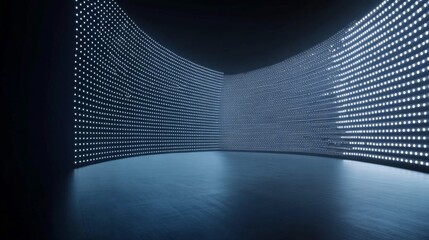 Tv show led screen stage and lcd wall background. Light panel concave monitor digital texture with dot pattern and scene. Curved cinema glittering diode pixel technology vector backdrop illustration