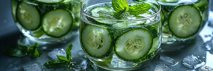 A refreshing cucumber and mint-infused water in a clear pitcher,