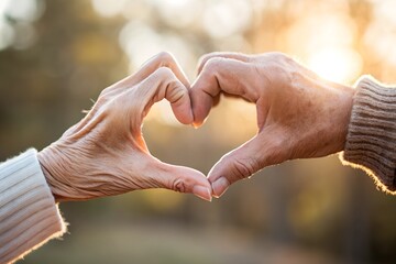 Two elderly hands gently forming a heart shape against a warm, golden sunset. A symbol of love, care, and lasting connection, ideal for Valentine's Day or senior relationships themes.