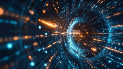 Obraz premium Big data analytics solutions isometric landing page, information technology concept, info blocks flow through luminous circle, datum traffic analysis, server room with connections 3d vector web banner