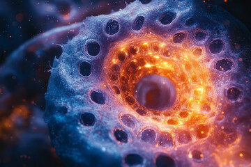 A vibrant spiral of light transitioning from damaged to healthy cells,