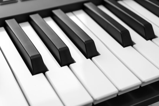 Close up of music instrument black and white keyboard. Side view.