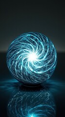 Glowing Crystal Orb Illuminates Dark Reflective Surface