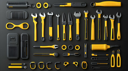 Collection of Yellow & Black Hand Tools, Wrenches, Pliers, & More, Arranged on Dark Surface