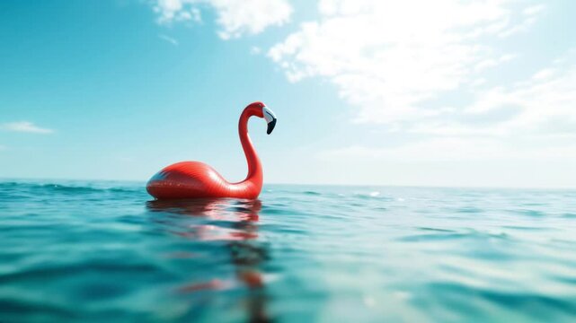 A vibrant pink flamingo float drifts on a calm video motion 4k, clear blue sea under a sunny sky, evoking a sense of summer relaxation, Ideal for travel, beach vacations, and holiday promotions,