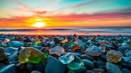 Obraz premium Colorful gemstones on beach with stunning sunset and ocean waves in the background