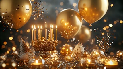 An extravagant birthday bash featuring golden balloons, ornate candle arrangements and bursts of shimmering confetti