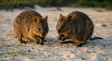 Two small rodent that are eating grass on the ground.