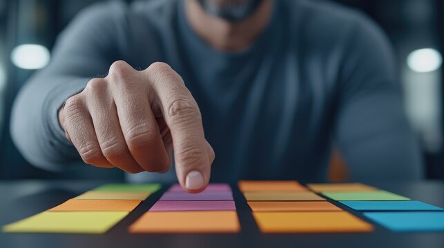 Organizing colorful sticky notes office workspace productivity tips indoor setting close-up creative brainstorming