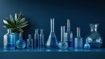 Blue liquid in glass bottles on shelf.