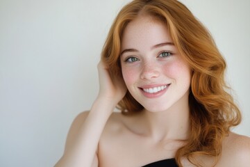Close up portrait of young happy beautiful woman smiling and standing isolated on white background