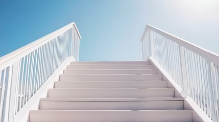 White Staircase Ascending to Bright Sky, Steps to Success, Achievement, and Growth, Leading Upward with Hope.