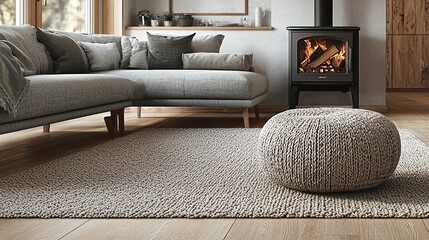 Scandinavian-style living room with oak wood stove, a grey sofa, and a knitted footstool on a textured rug
