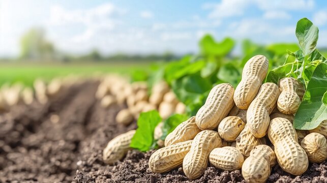A close-up view of harvested peanuts on the soil with green peanut plants in the background. Ideal for themes of farming, fresh produce, and sustainable agriculture.