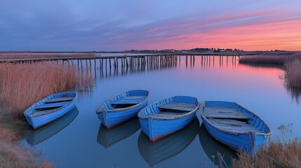 Calm sunset over lake with four blue boats moored near wooden pier.