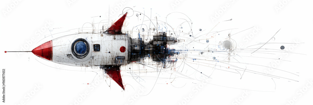 Poster rocket ship design, a sketch in motion, exploding with creativity and speed towards innovation.