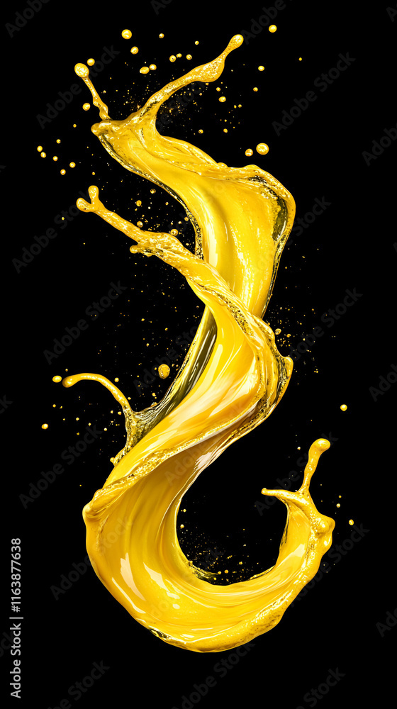Poster golden liquid splash, abstract swirl of yellow fluid dynamically flows, creating a visually stunning