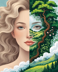 Serene Beauty: A Woman's Face Blending with Nature’s Landscape