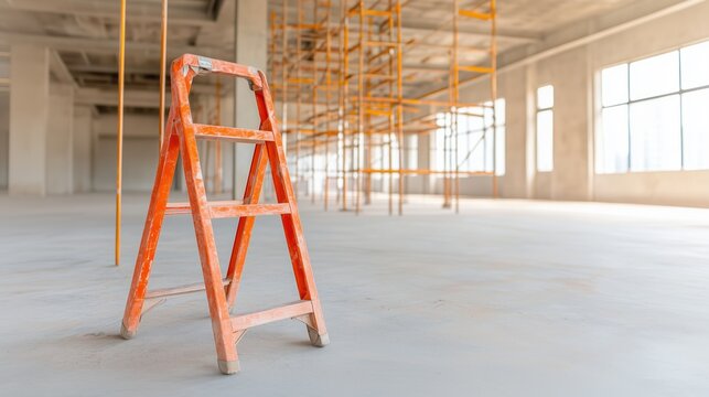 A close-up of an orange ladder on a construction site with scaffolding in the background. Ideal for illustrating construction work, tools, and building progress.